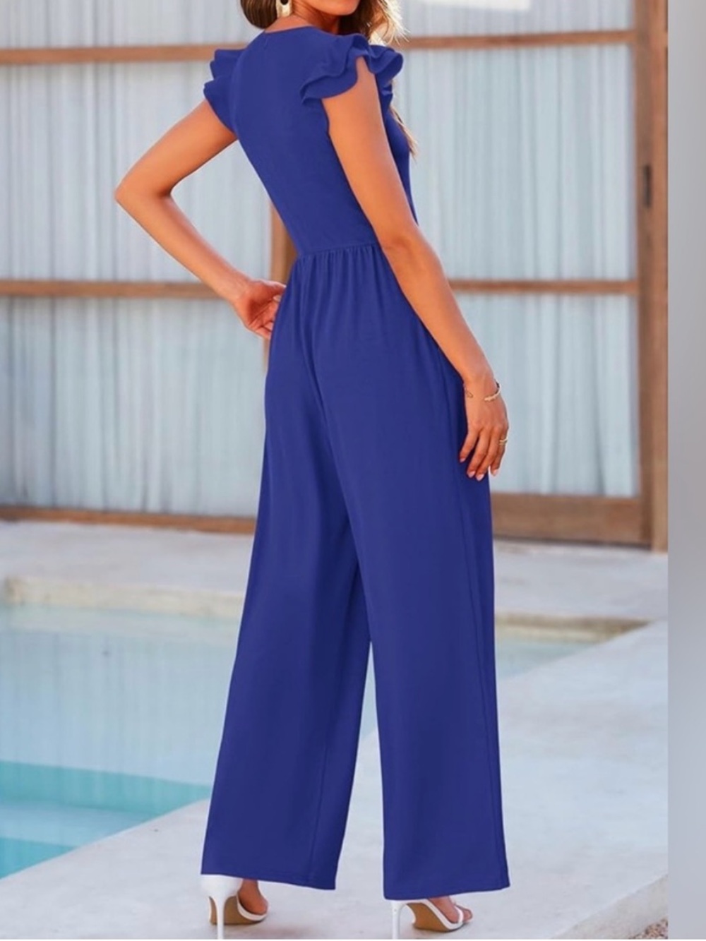 Flutter Sleeve Wide-Leg Jumpsuit in Cobalt Blue - Picture 2 of 6